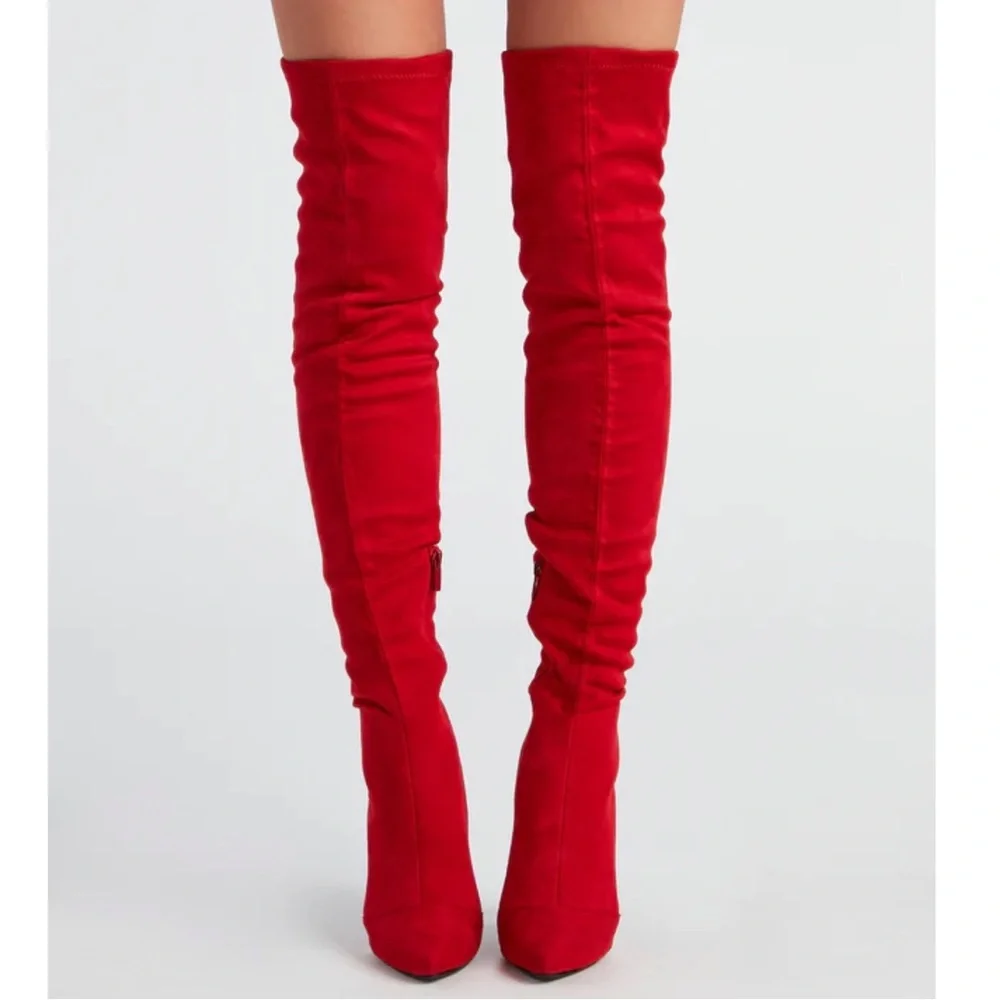 Red High Heel Open Back Corset Lace Up Thigh High Boot - Picture 7 of 11